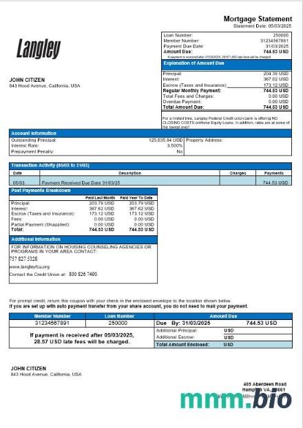 USA Langley Federal Credit Union wyciąg z kredytu hipotecznego w formatach Word i PDF